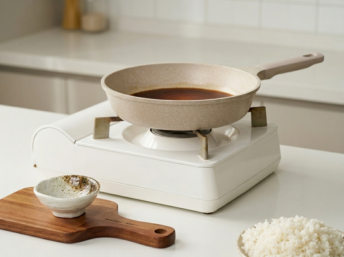 Teriyaki sauce being poured into a clean non-stick pan.
