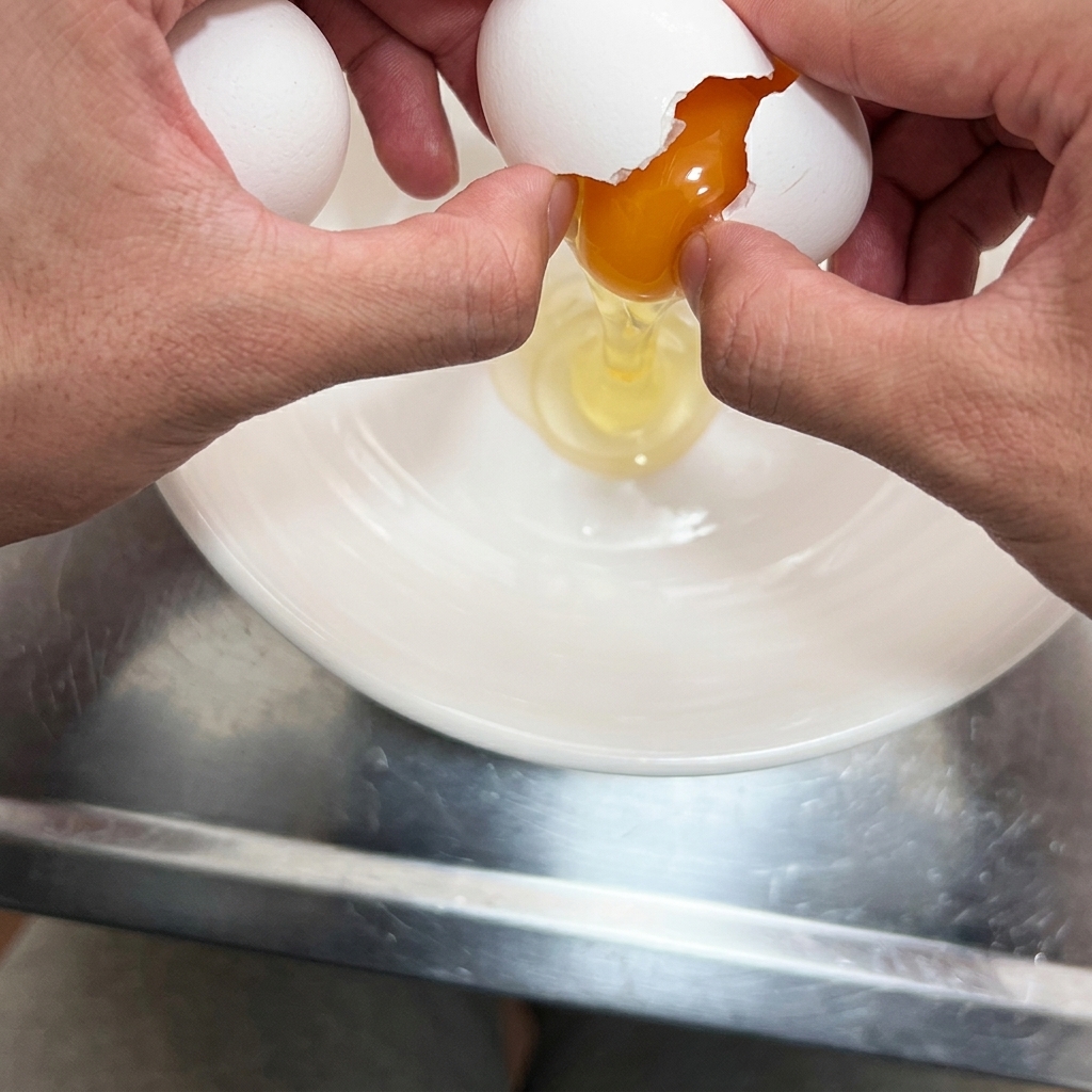 An egg being cracked into a small white bowl.