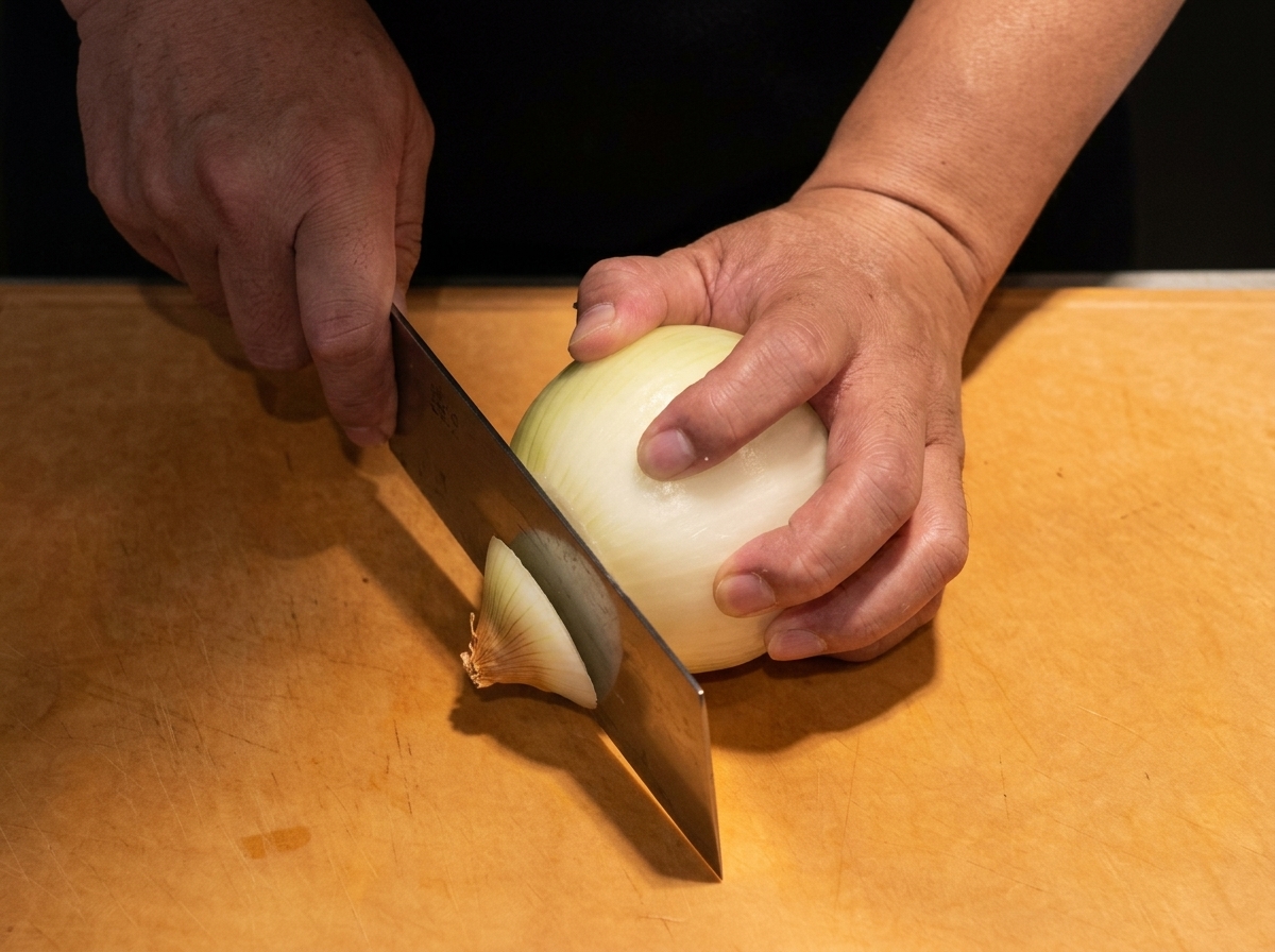 An onion being sliced vertically on a wooden cutting board with a sharp chefs knife.