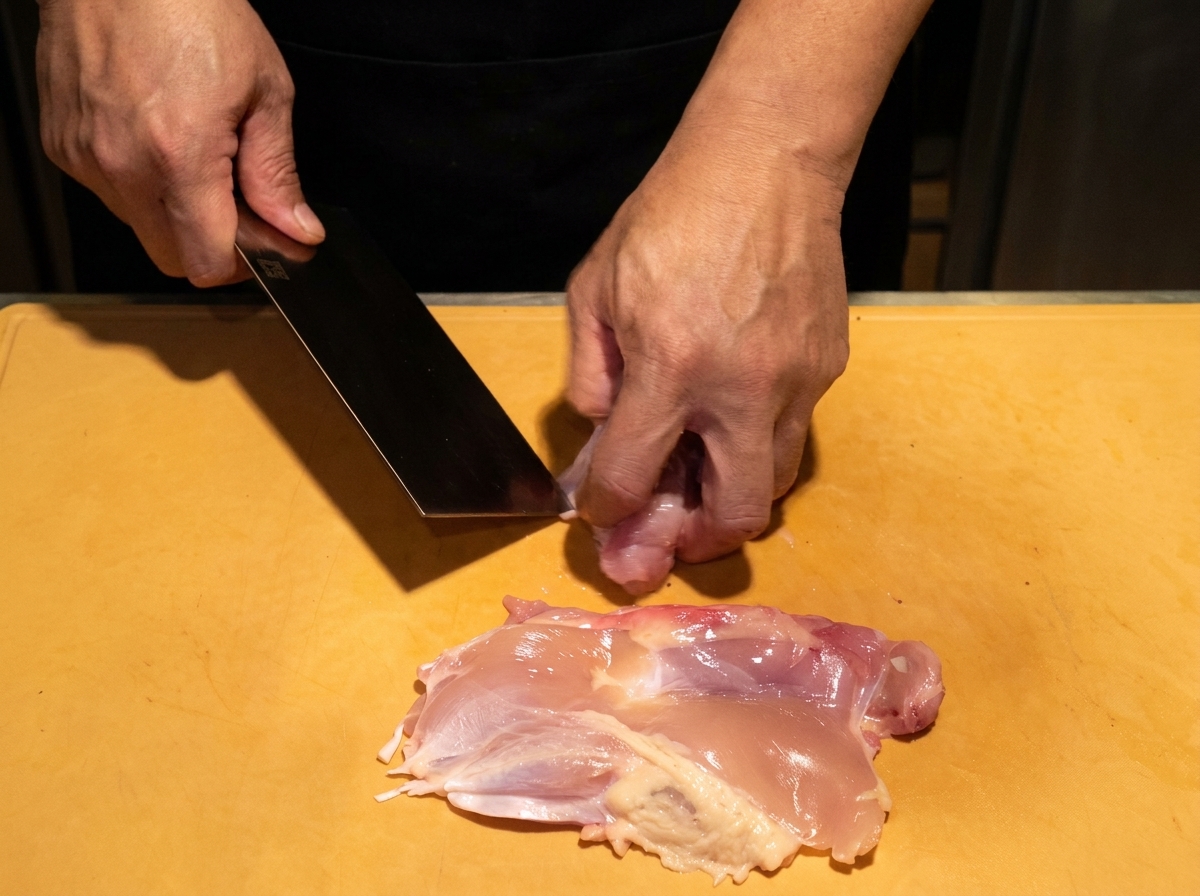 A raw, pink boneless chicken thigh being sliced into even, bite-sized chunks on a wooden board.