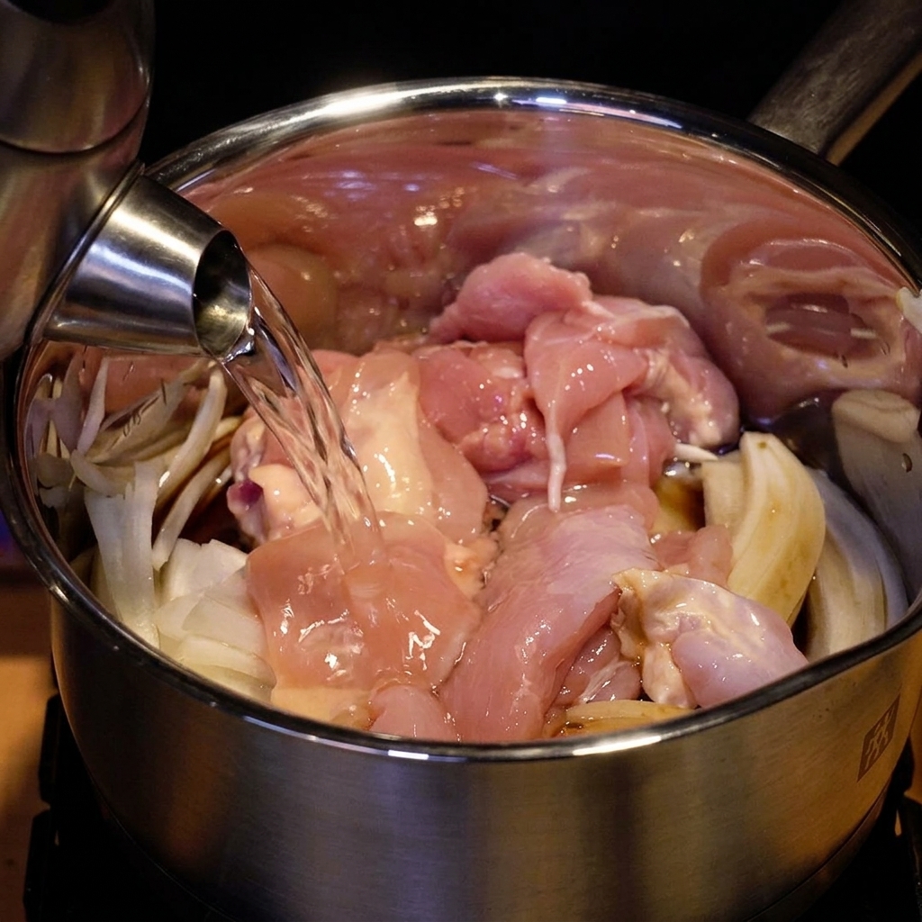 Water being poured from a kettle into a pot containing chicken and onions until it covers them.
