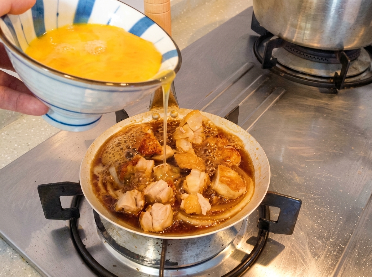 Lightly beaten egg mixture being poured over the chicken and onions in the skillet.