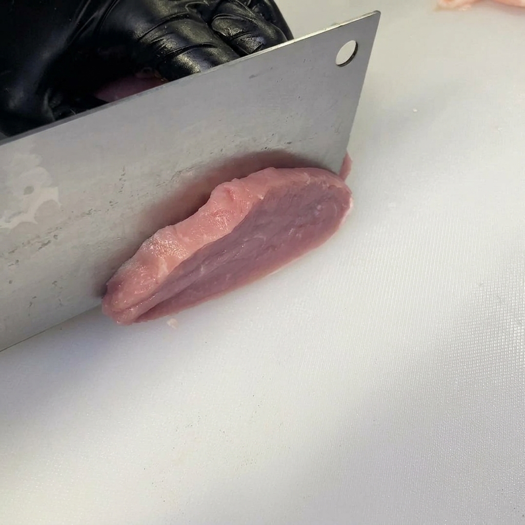 A gloved hand using a meat cleaver to make partial slices into a piece of fresh pork tenderloin on a white cutting board.
