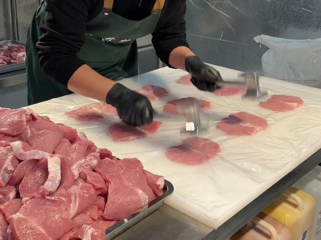 A person using a metal meat mallet to pound and flatten pieces of pork under a layer of clear plastic wrap on a large prep table.