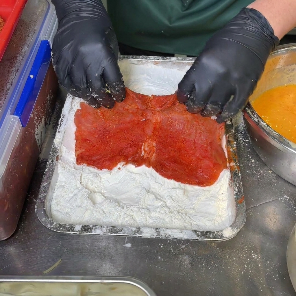 Gloved hands pressing a large piece of red, marinated pork into a tray filled with white starch powder.
