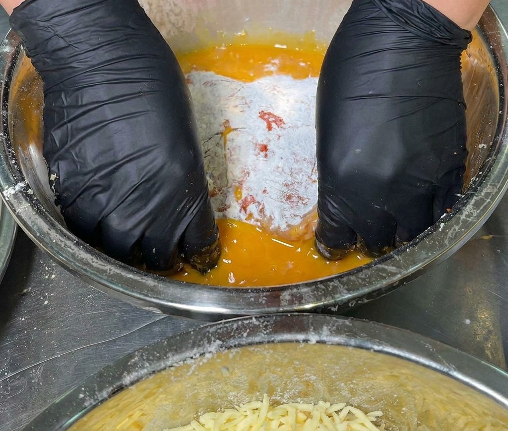 Gloved hands pressing a starch-coated pork cutlet down into a bowl of yellow, beaten egg wash.