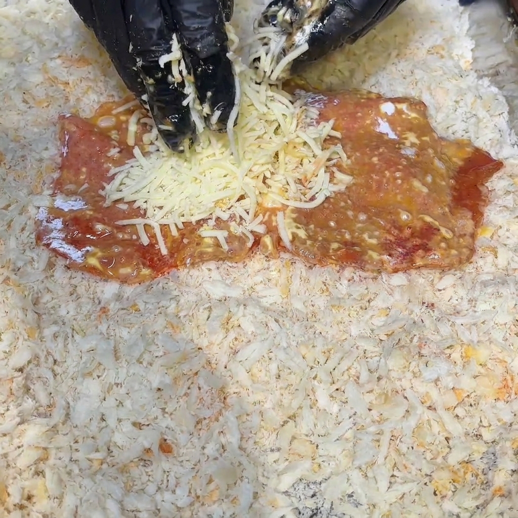 A flat piece of marinated pork on a breadcrumb-covered surface, with a hand piling a generous mound of shredded cheese on top.