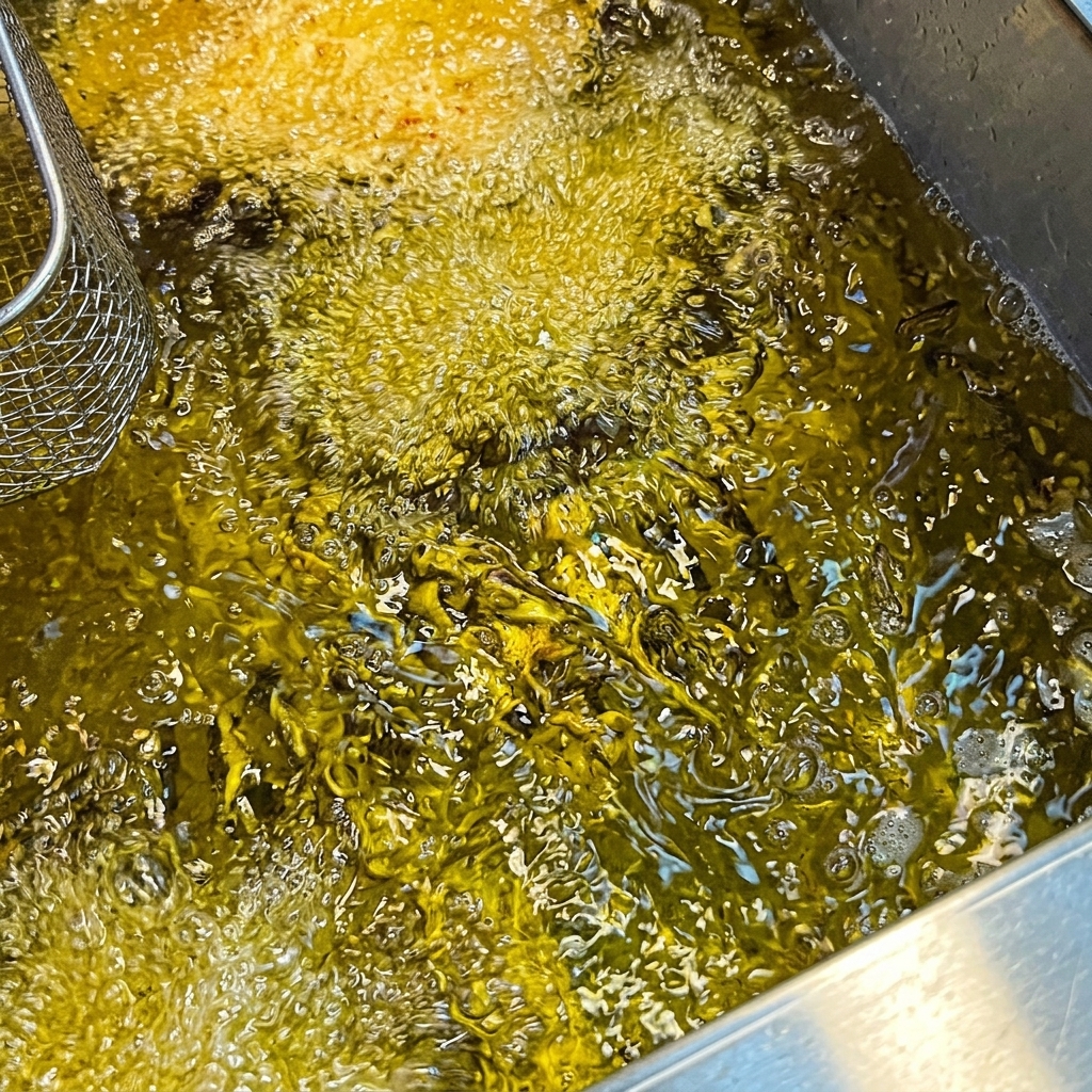 Deep-fried pork cutlets submerged and bubbling in hot oil.
