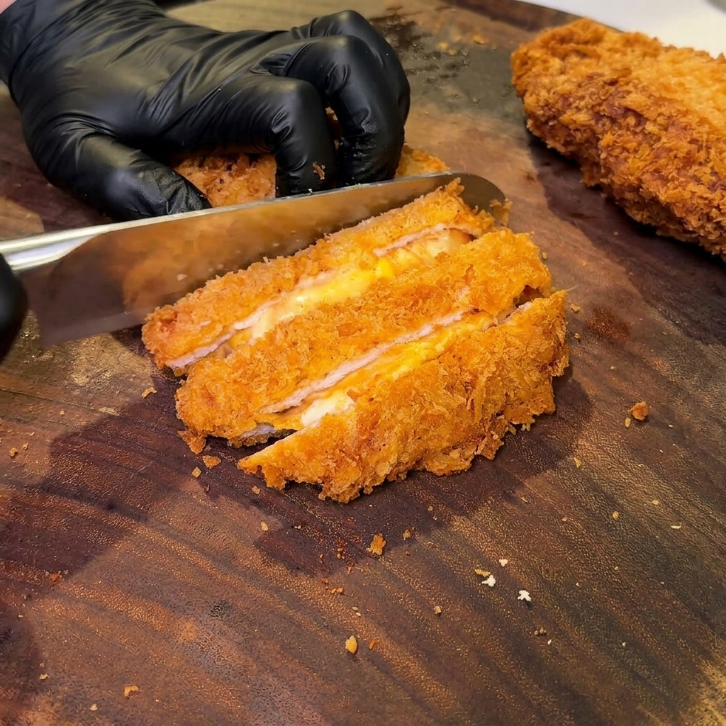 A fried pork cutlet being sliced on a dark wooden cutting board, with the melted cheese visible in the center of the slices.