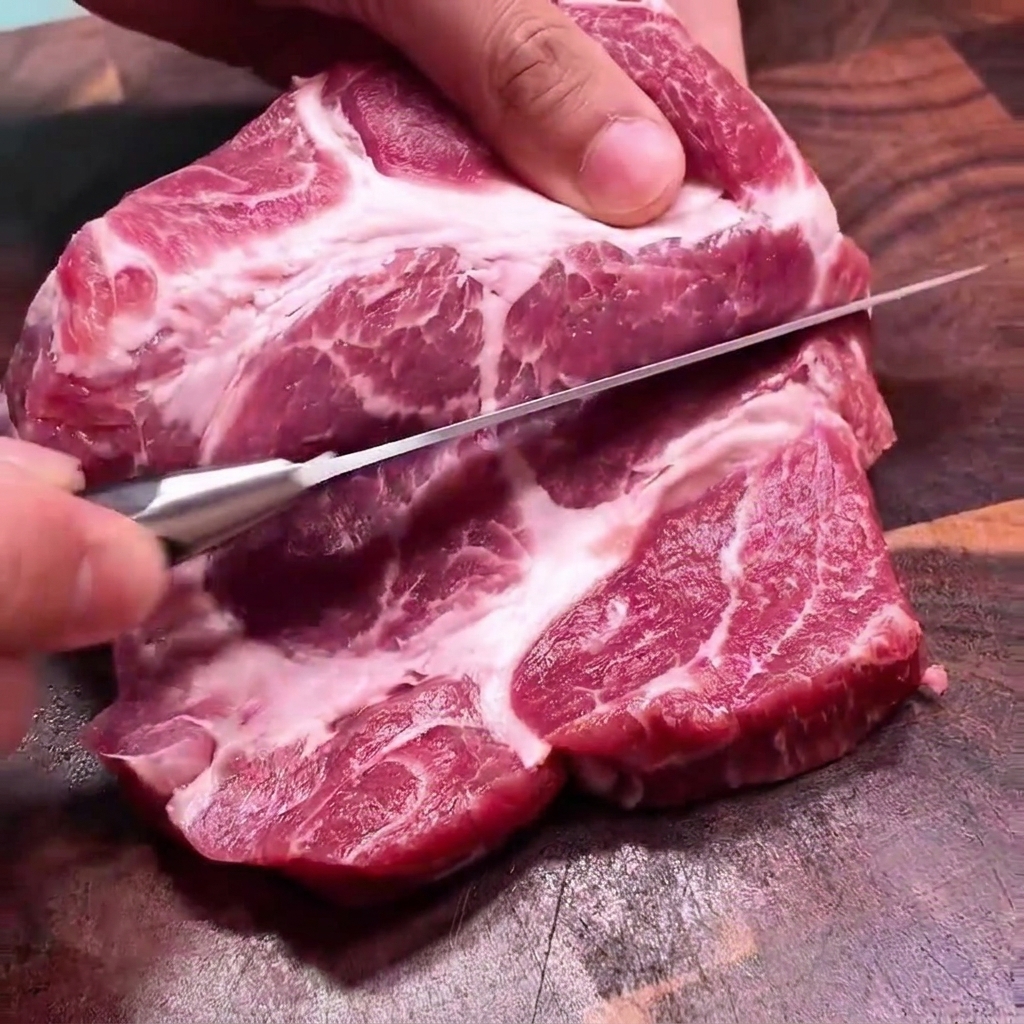 A persons hands holding a thick, raw pork chop while slicing it in half horizontally with a kitchen knife.