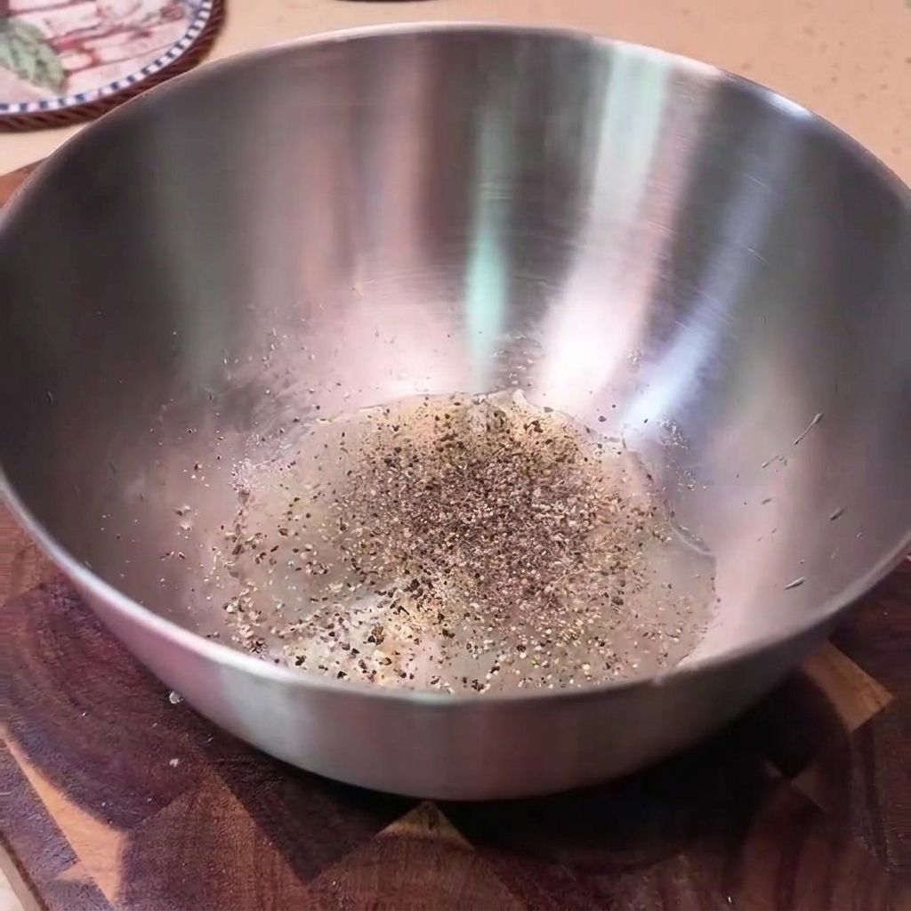 A thick raw pork chop inside a stainless steel mixing bowl with pepper and marinade ingredients.