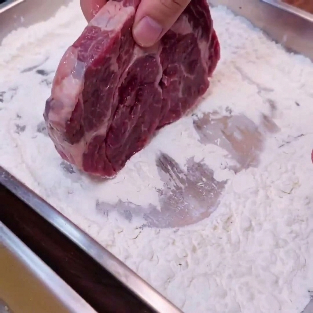 A hand pressing a piece of raw meat into a metal tray filled with white starch.