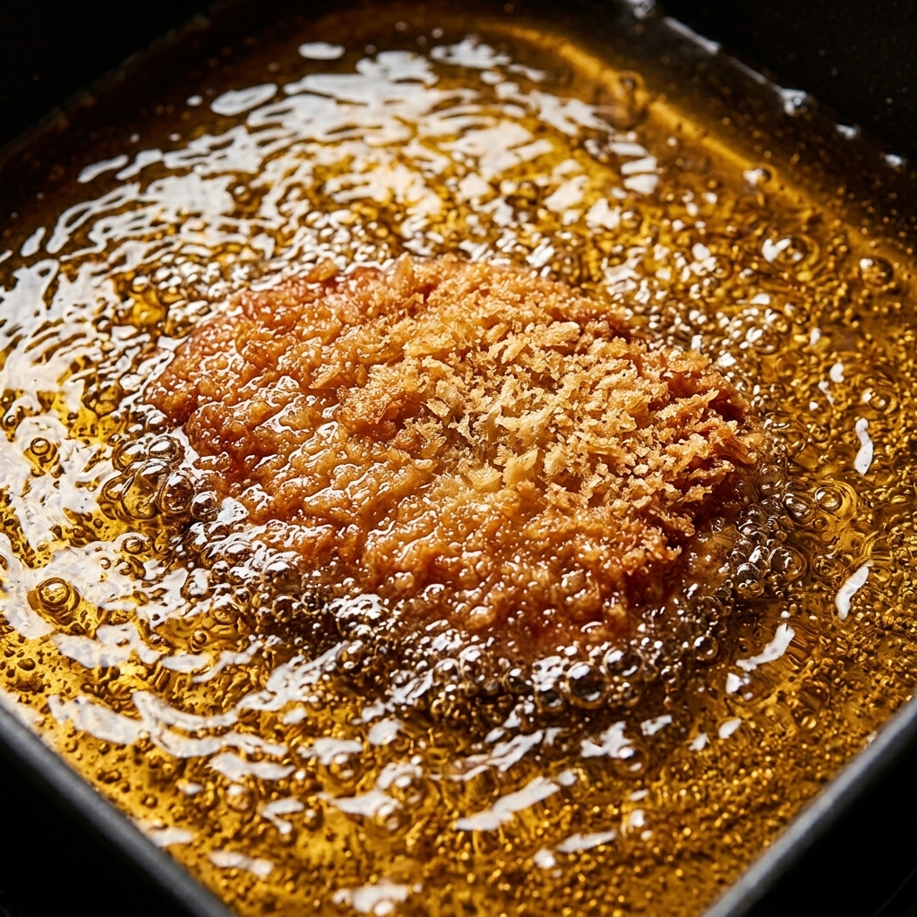 A piece of pork chop being dipped into a bowl of beaten egg wash with a kitchen tool.