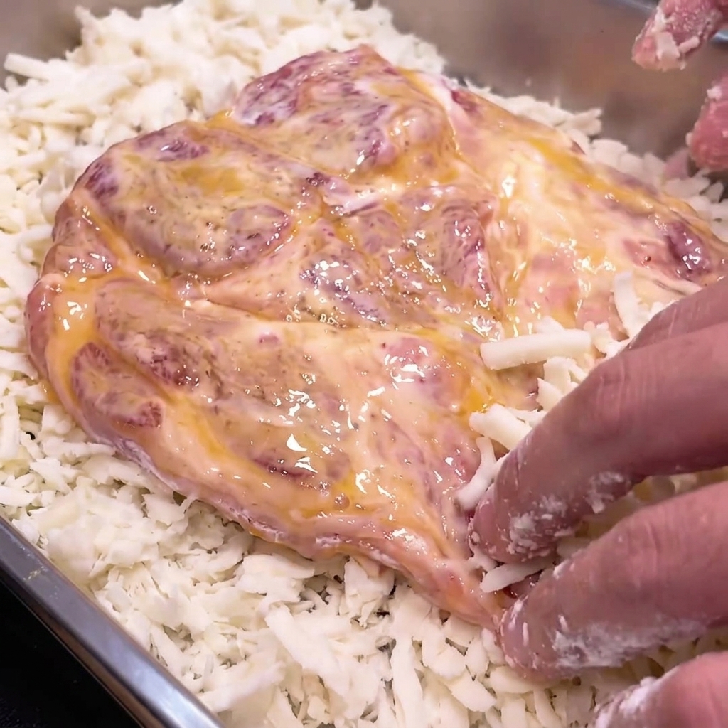 Fingers firmly pressing a piece of egg-washed pork chop into a tray of coarse, white breadcrumbs.