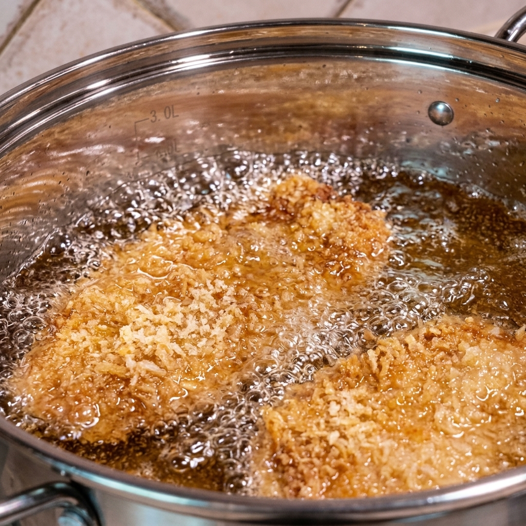 Two breaded pork chops sizzling in bubbling hot oil inside a stainless steel pot.