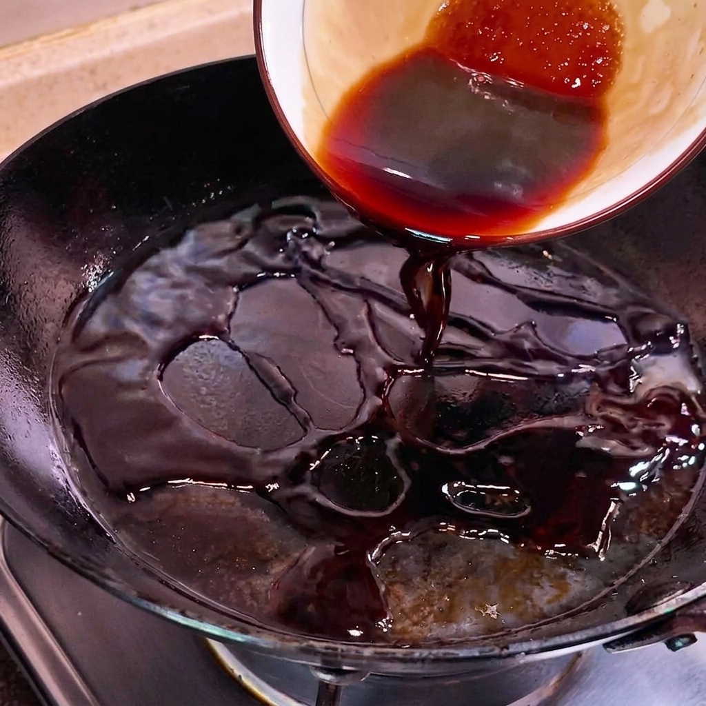A dark, savory sauce being poured into a frying pan containing translucent sliced white onions.