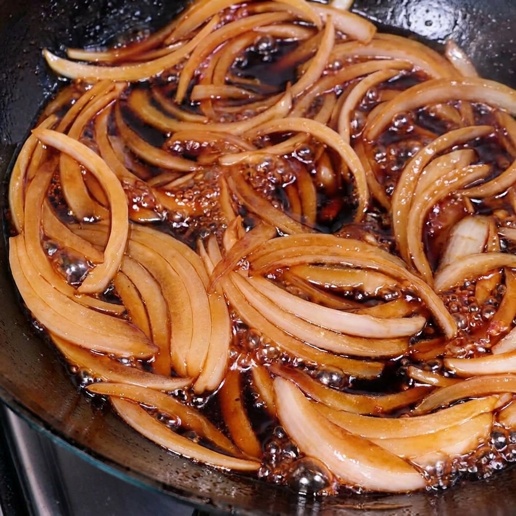Sliced golden-brown pork chop pieces arranged neatly over sautéed onions in a dark sauce in a frying pan.