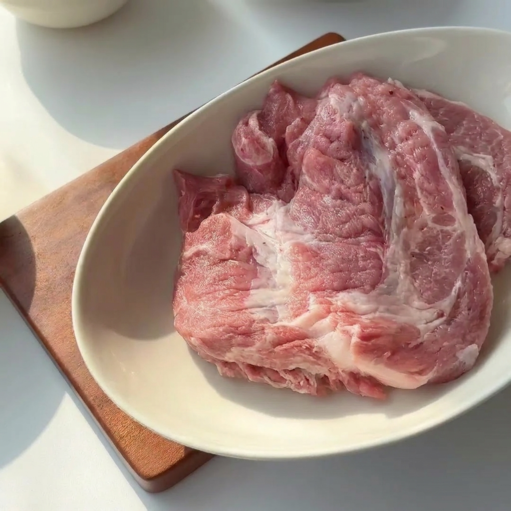 A raw pork chop in a white bowl coated with liquid seasonings and white starch powder.
