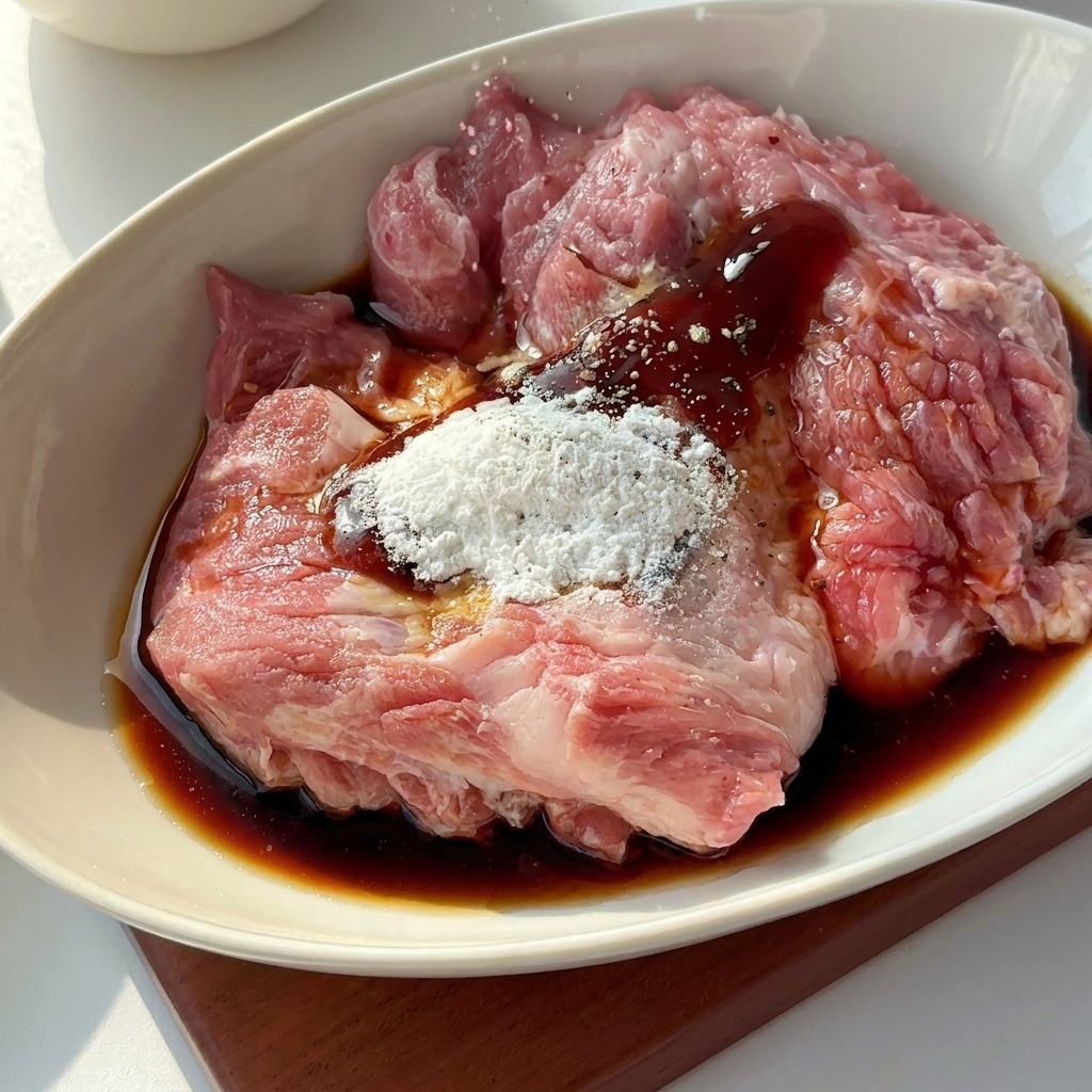 A gloved hand massaging the seasoned pork chop inside a white ceramic bowl.