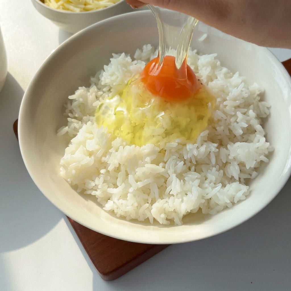 A raw egg being poured over a bowl of cooked white rice.
