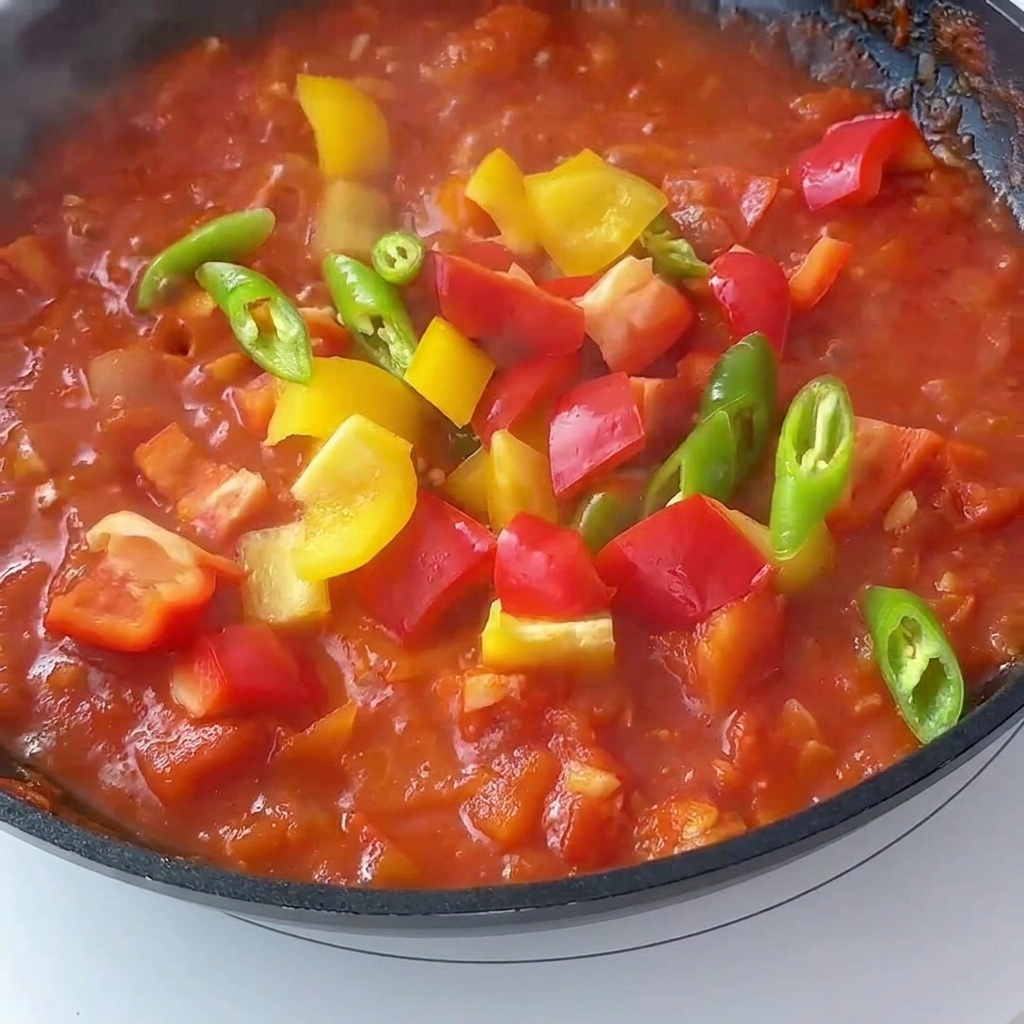 Colorful diced bell peppers added into the simmering tomato sauce in a pan.