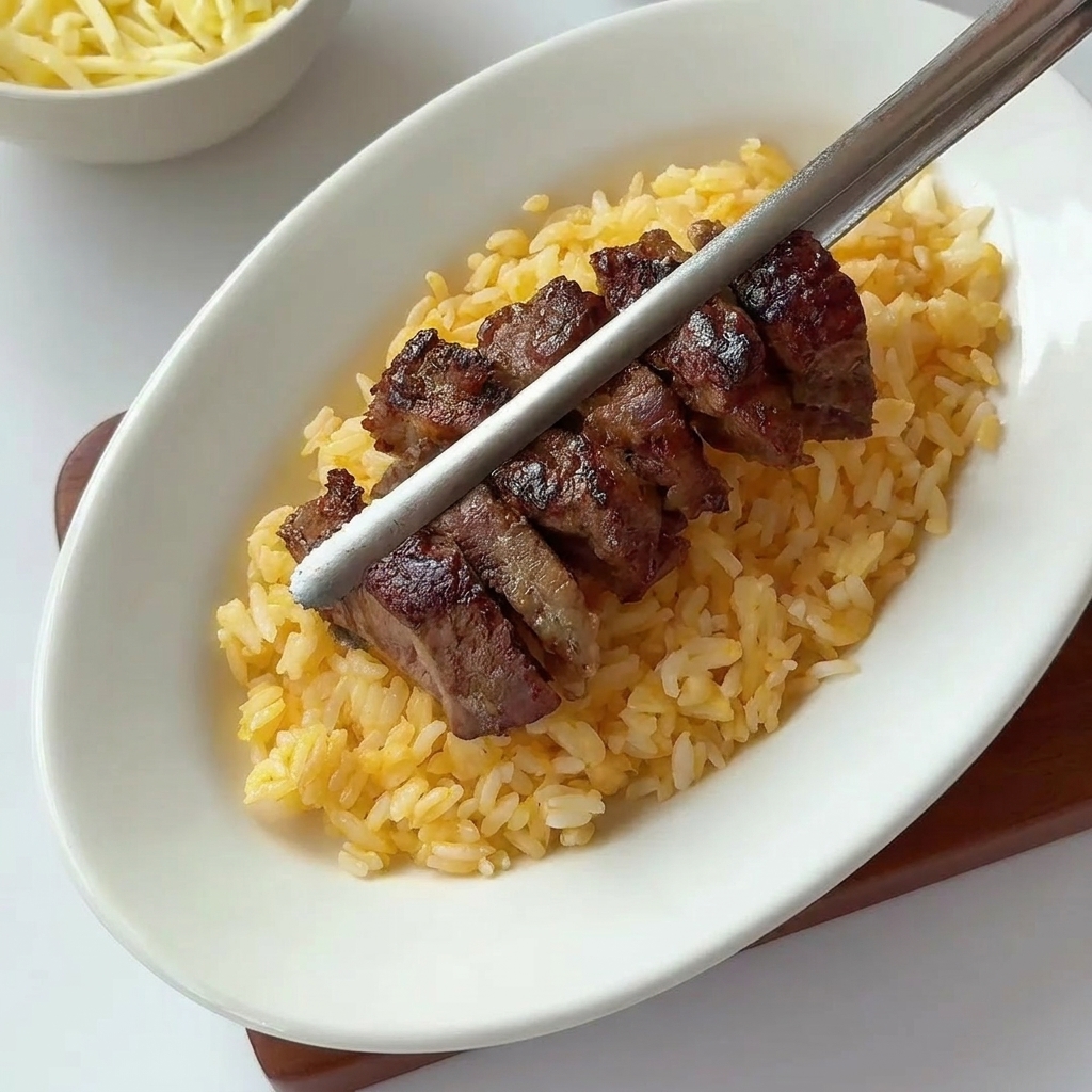 Pan-fried pork chop being placed on top of a bed of rice, ready to be topped with sauce.