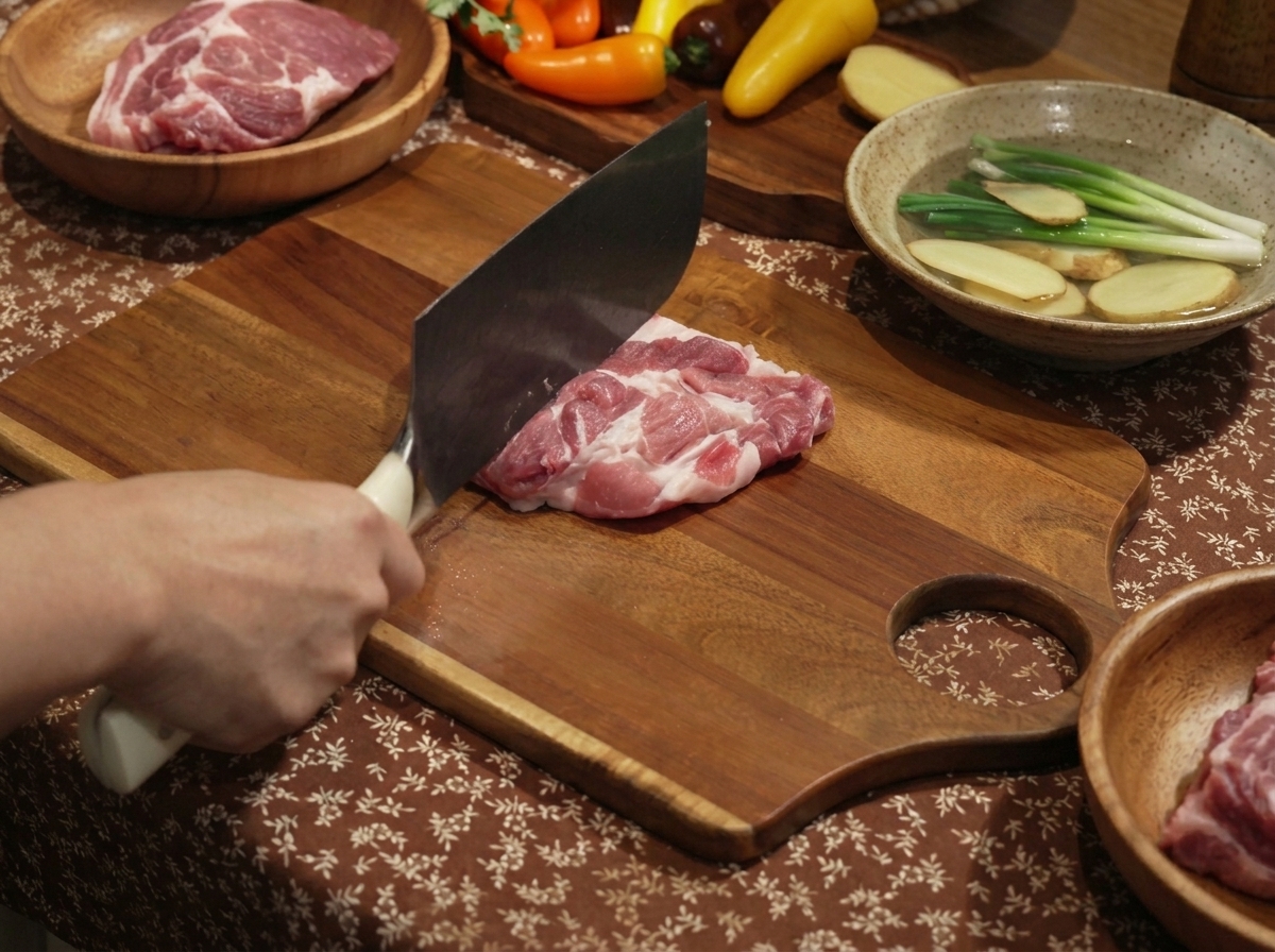 A pork cutlet seasoned with soy sauce, oyster sauce, sugar, salt, and pepper on a wooden board.