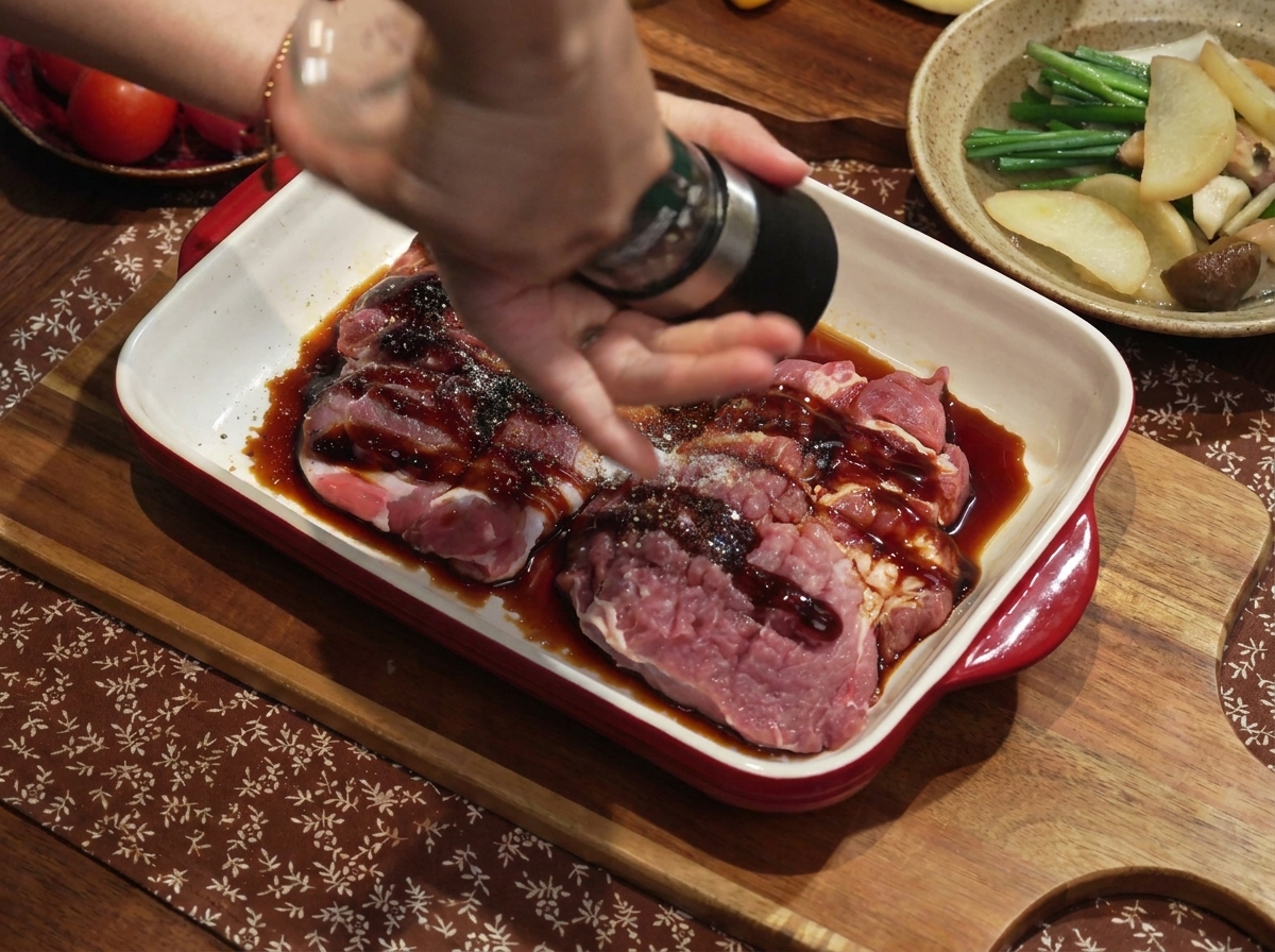 Green onion and ginger water being poured into a dish containing marinated pork.