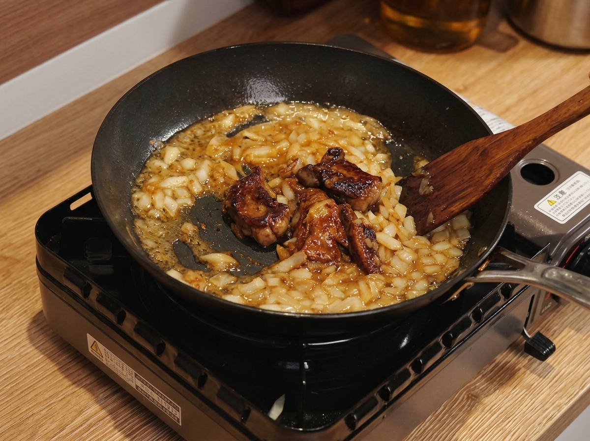 Close-up of a wooden spoon stirring a thick, brownish curry sauce in a pan with visible melted chocolate and milk swirling in.