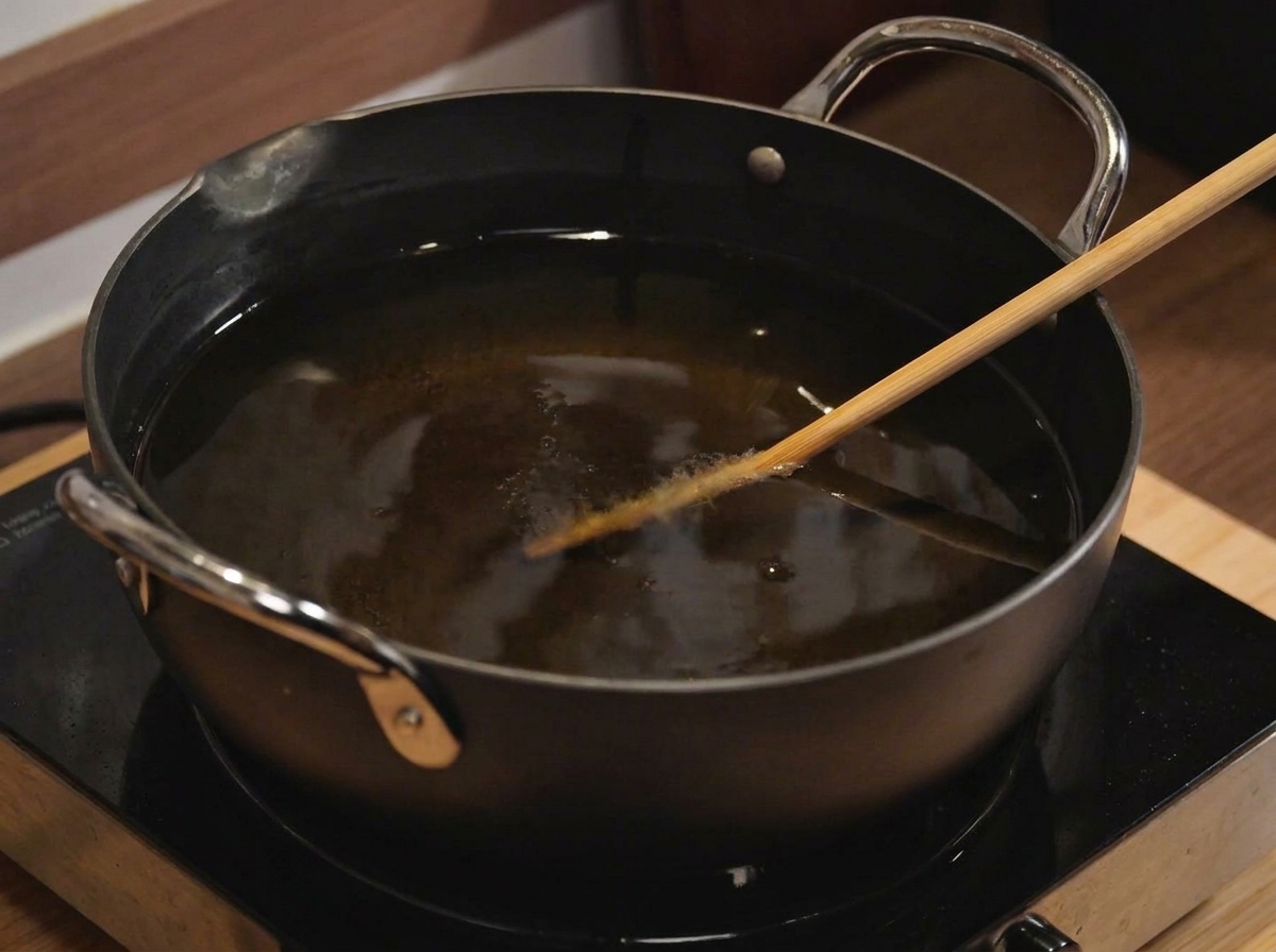 A golden-brown breaded pork cutlet deep-frying in hot oil in a pot.
