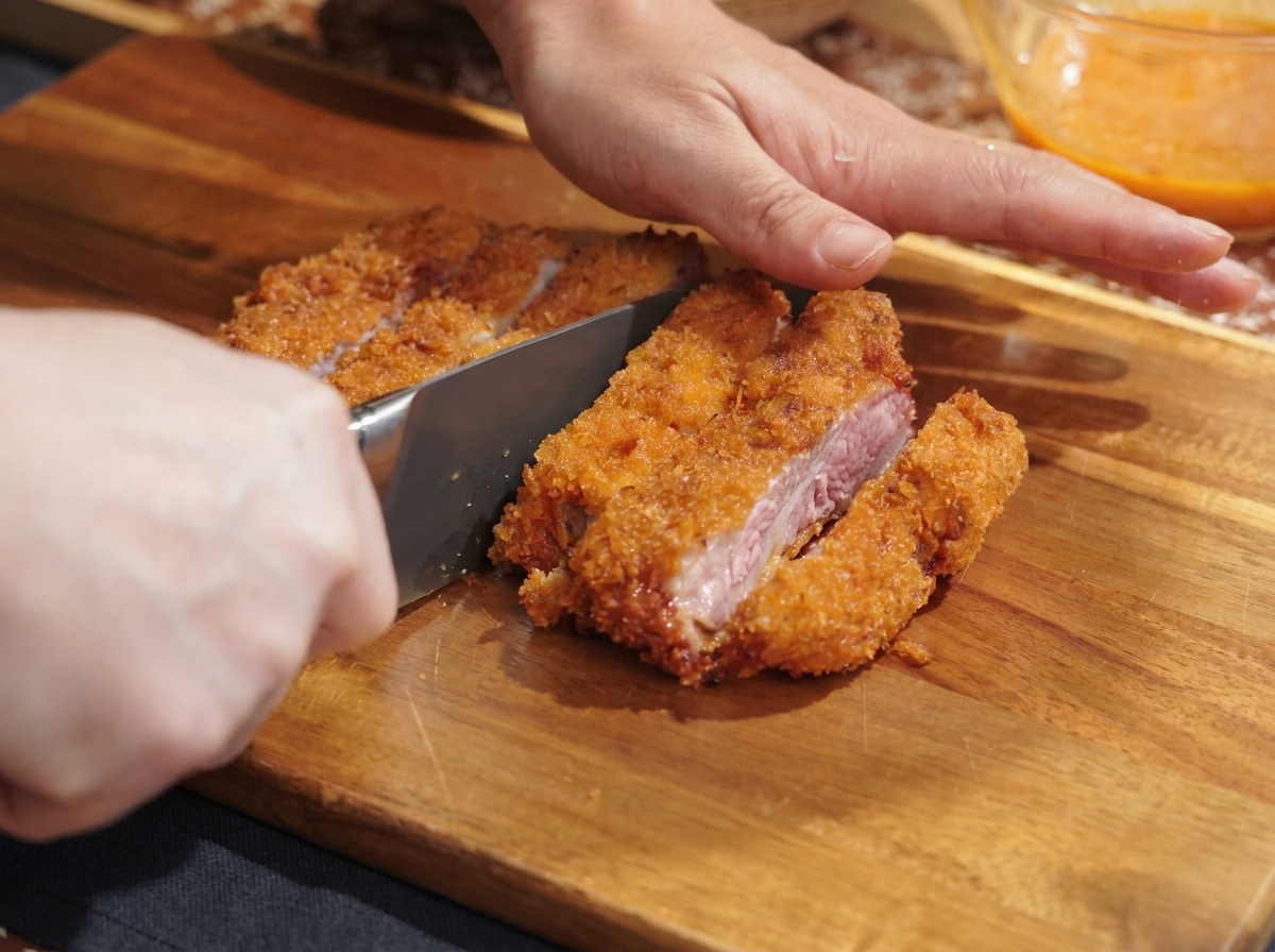 A crispy fried pork cutlet being sliced into neat strips on a wooden board using a sharp knife.