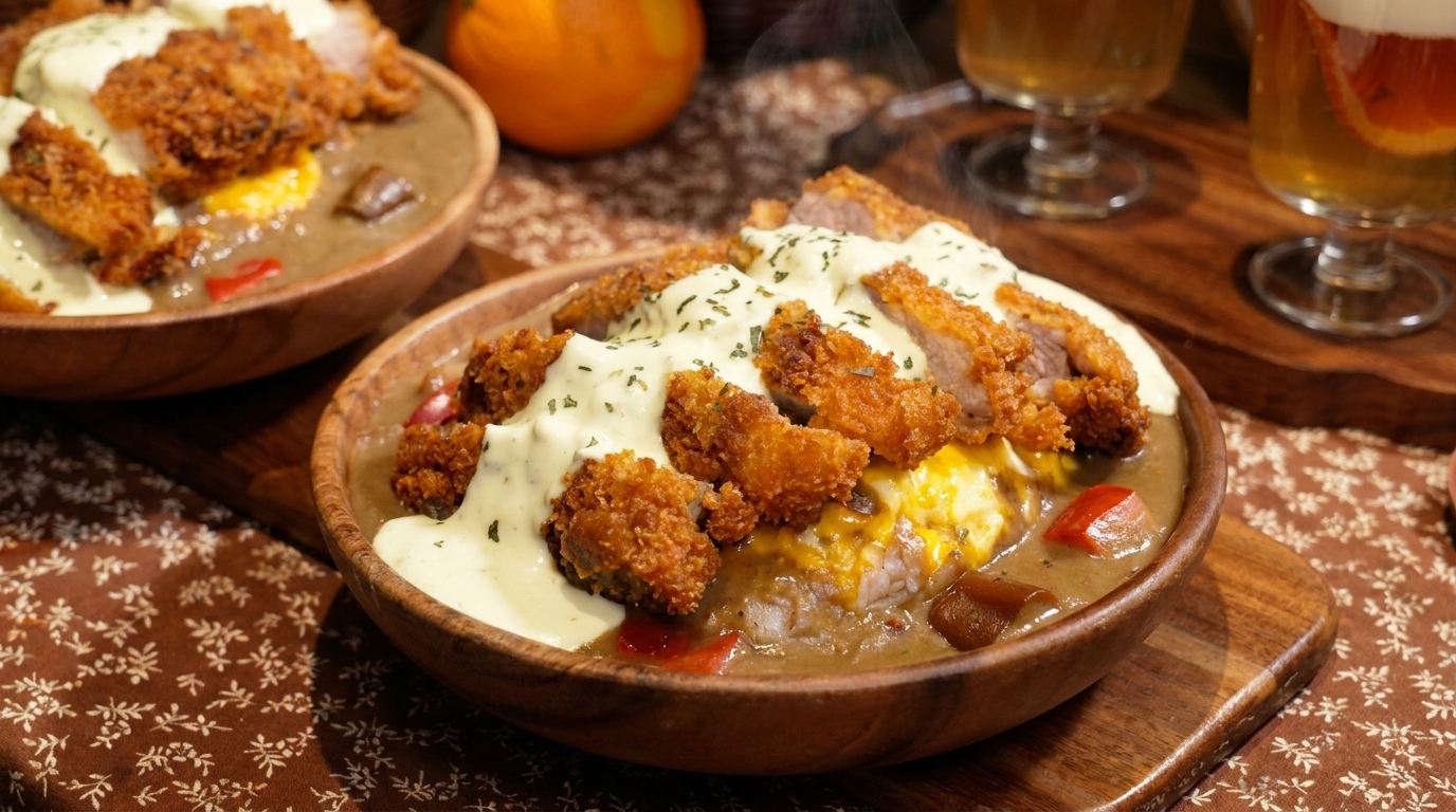 Japanese Curry Rice with Crispy Pork Cutlet and Scrambled Egg