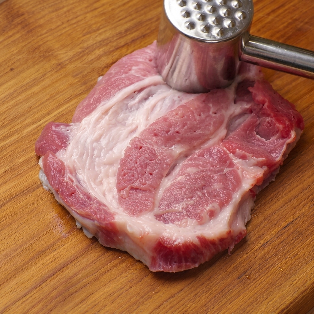 A silver textured meat mallet pounding a raw piece of pork shoulder on a wooden cutting board.