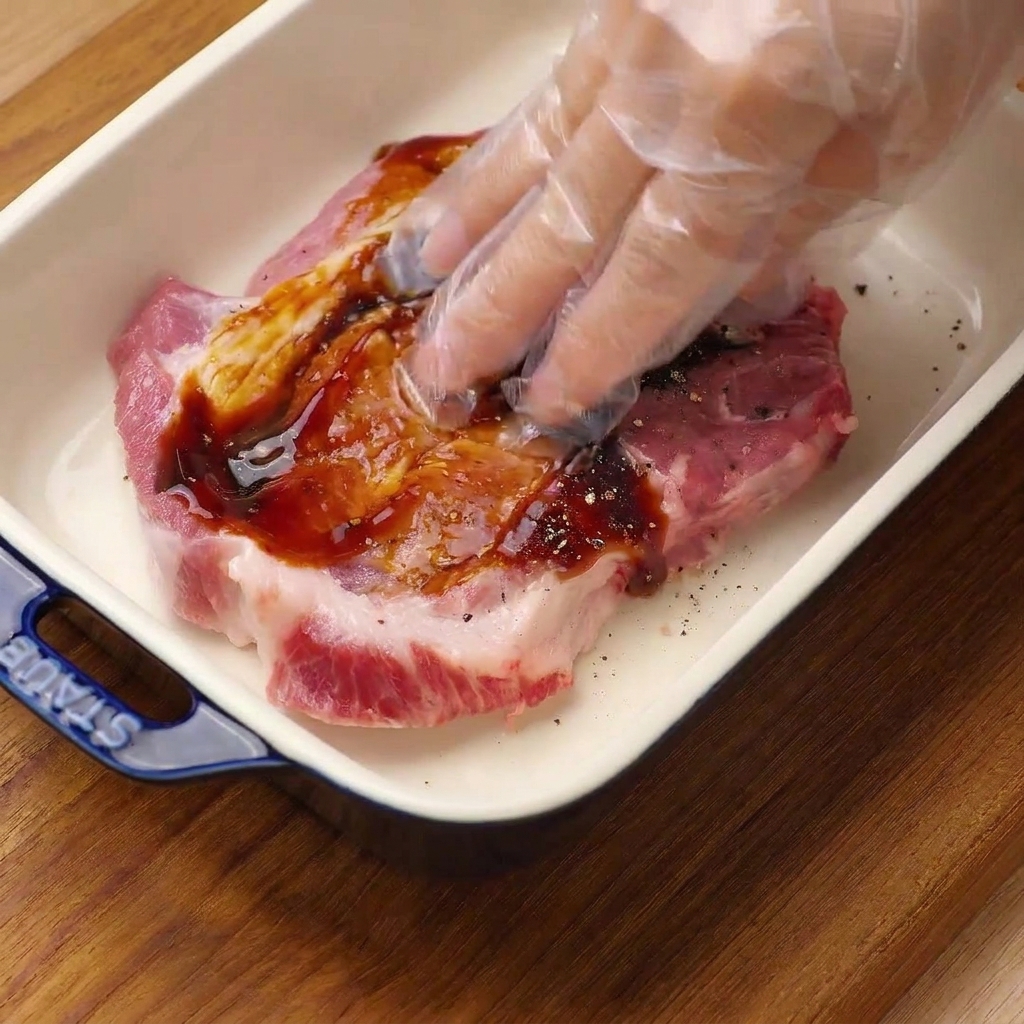 A gloved hand rubbing dark oyster sauce, salt, and black pepper into a raw pork chop inside a white ceramic dish.