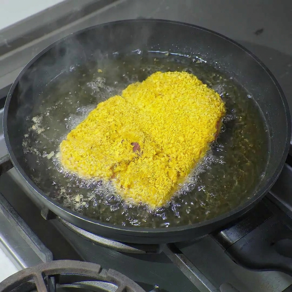 A large, thick breaded pork chop frying in bubbling hot oil inside a black non-stick skillet.