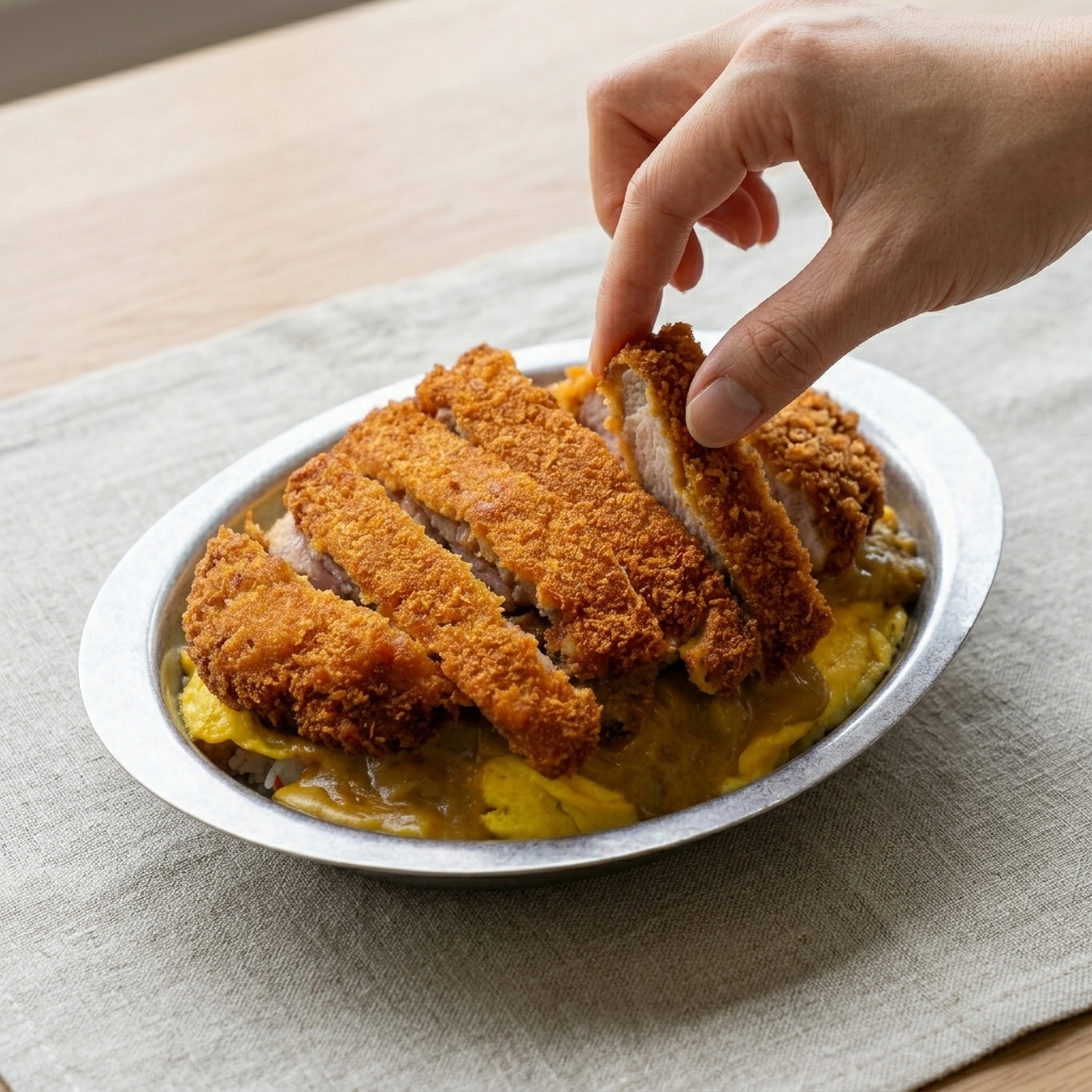 Sliced, golden-brown crispy pork chop being placed on top of a curry and egg-topped rice bowl.