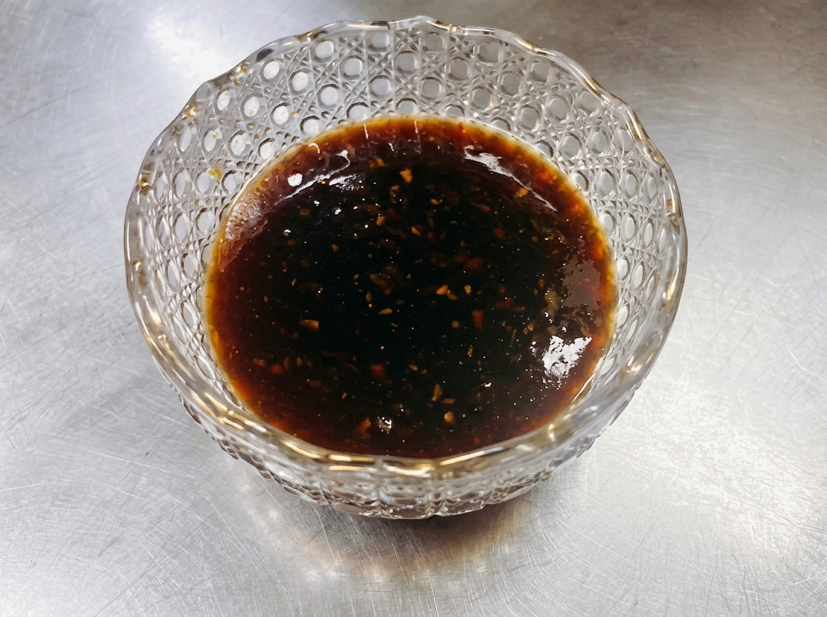 Fatty beef slices simmering in a pan as a dark, glossy teriyaki sauce is poured over them, creating a rich glaze.