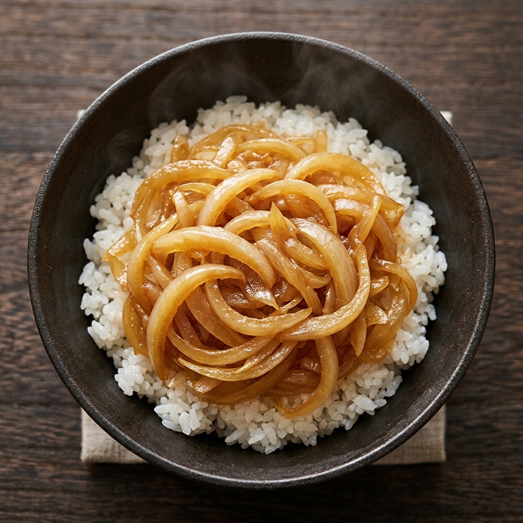 A bowl of steamed white rice topped with a thick layer of soft, caramelized onions.