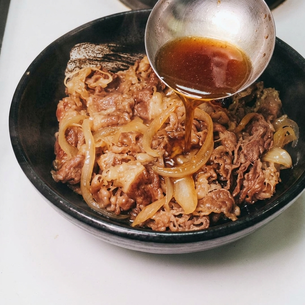 A metal ladle pouring dark, rich cooking sauce over a bowl of sliced beef and cooked onions.