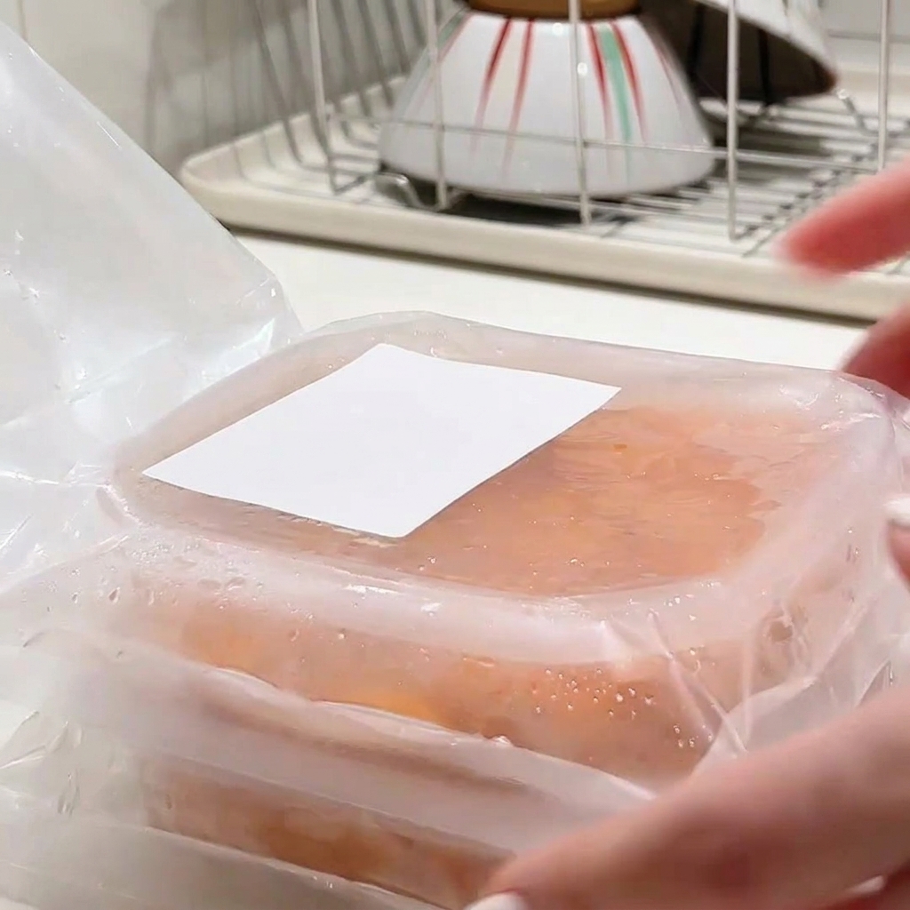 Hands opening the plastic packaging of a container filled with fresh orange sea urchin.