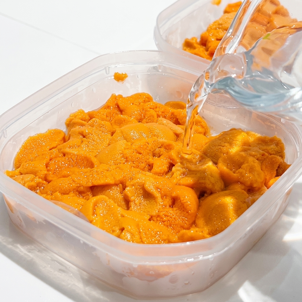 Clear water being poured from a glass pitcher into a plastic container full of bright orange sea urchin.