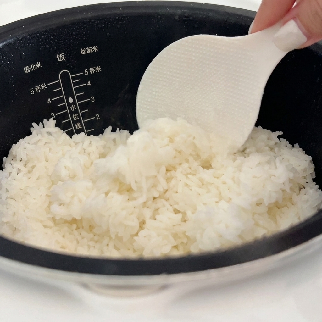 A white plastic rice paddle scooping fluffy, hot white rice out of a dark rice cooker.
