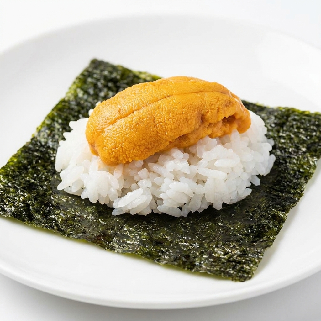 A piece of raw sea urchin resting on a small mound of white rice, which is sitting on a crisp, dark green square of roasted seaweed.