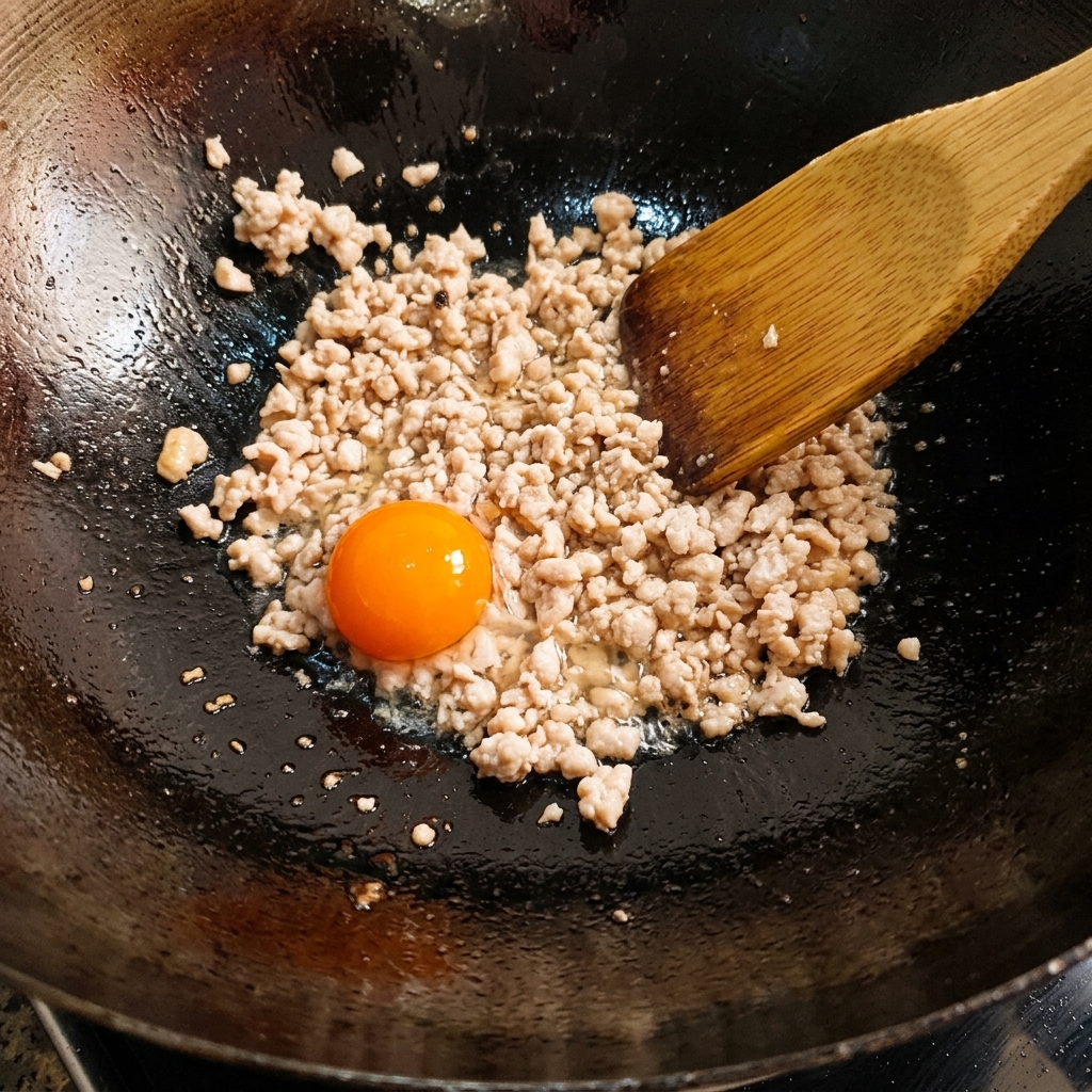 Salted egg yolk being broken down and stir-fried with the minced meat in a wok.