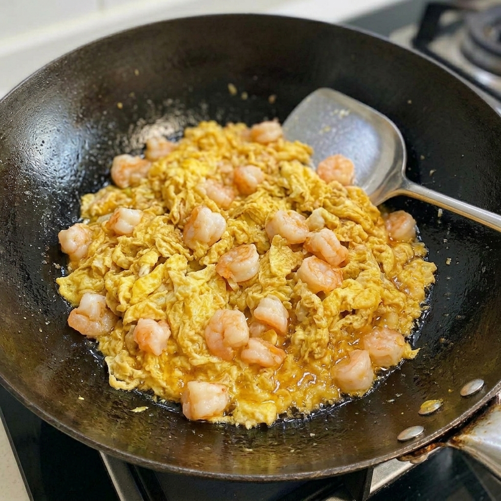 Fresh shrimp pieces being added to the browned meat and salted egg yolk mixture in the wok.