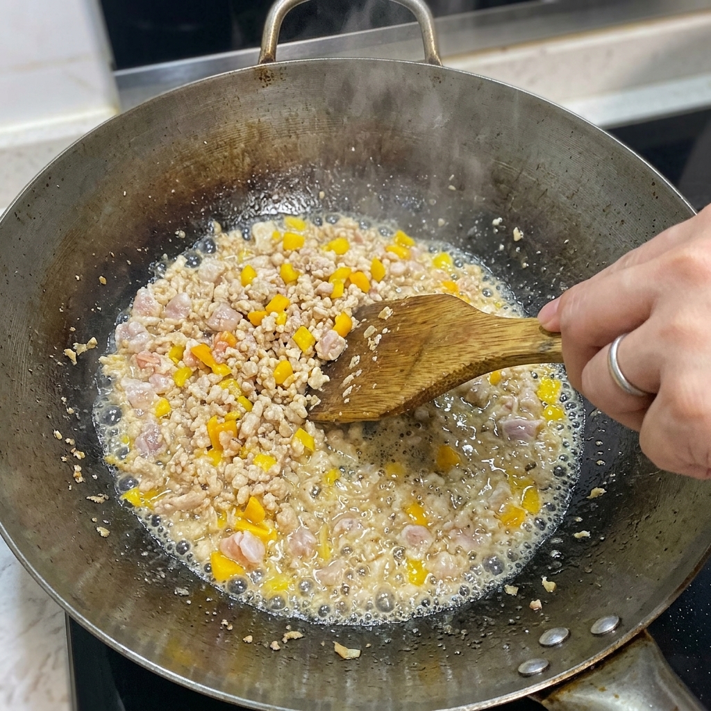 Minced ginger, garlic, and scallion whites being stir-fried with the meat and shrimp mixture.