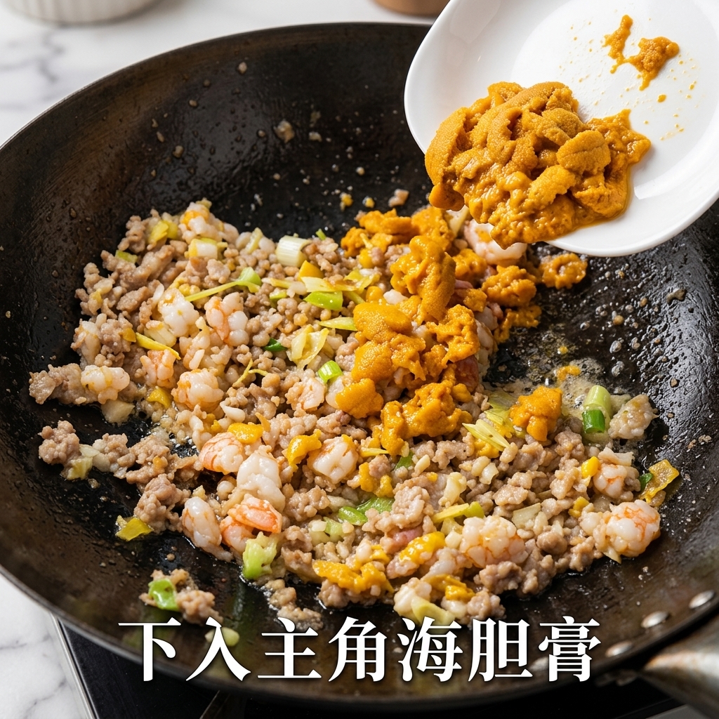 Rich sea urchin paste being added to the stir-fried mixture in the wok.