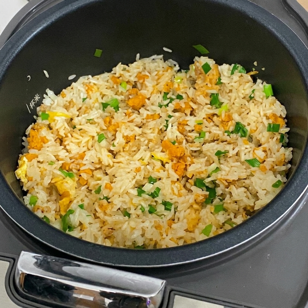 Fully mixed sea urchin fried rice resting inside a black non-stick rice cooker pot, showing a vibrant mix of yellow rice, green scallions, and savory ingredients.