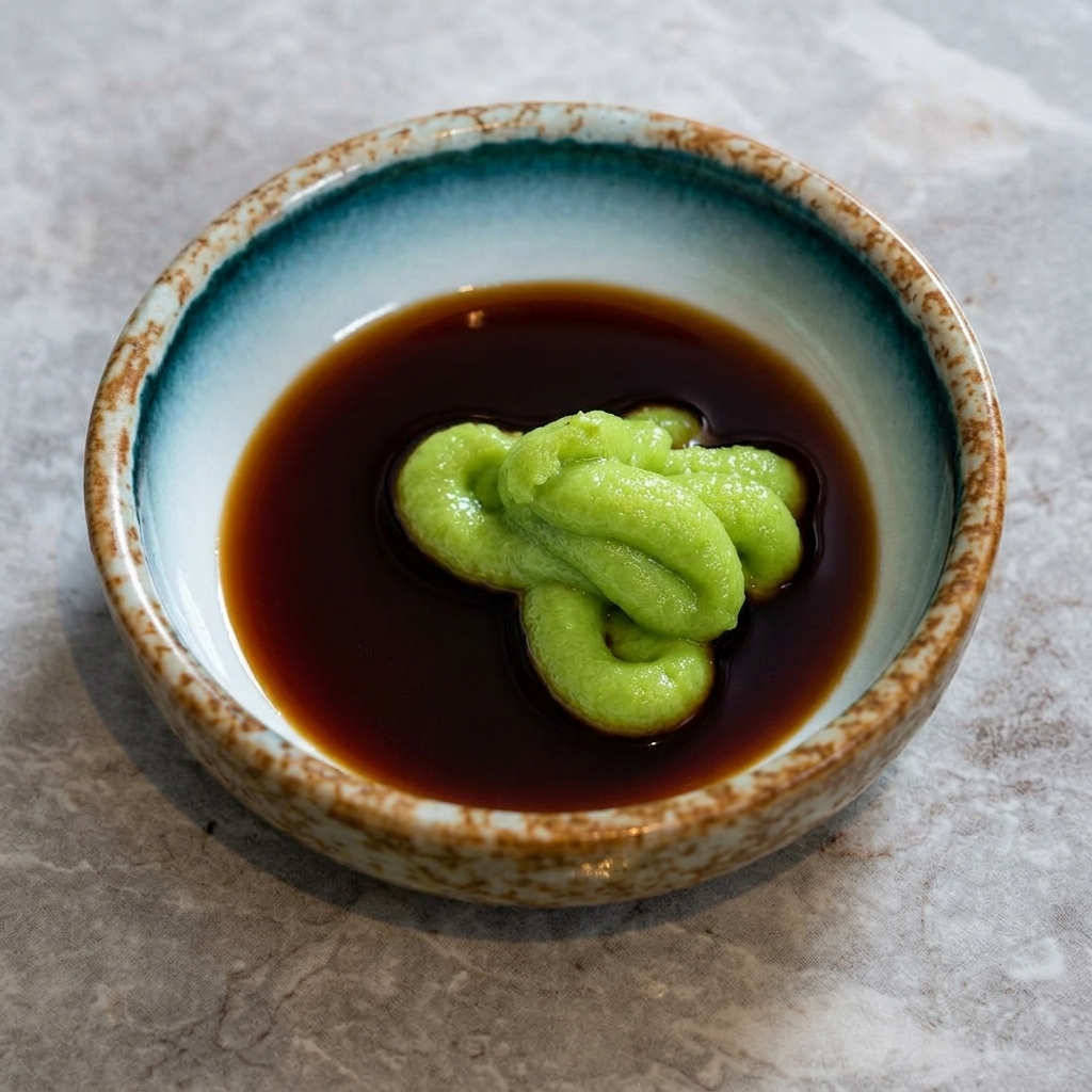 Dark soy sauce being poured over a mound of green wasabi paste in a small side dish.
