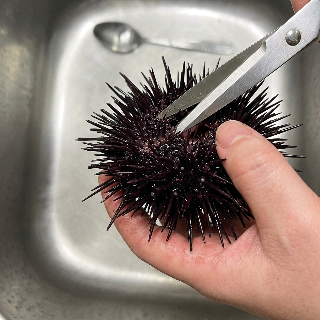 A person using kitchen shears to cut through the spiky outer shell of a fresh black sea urchin.